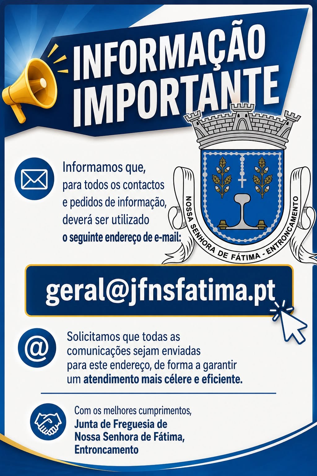 Contactos e Pedidos de Informação através do e-mail da Junta de Freguesia da Nossa Senhora de Fátima